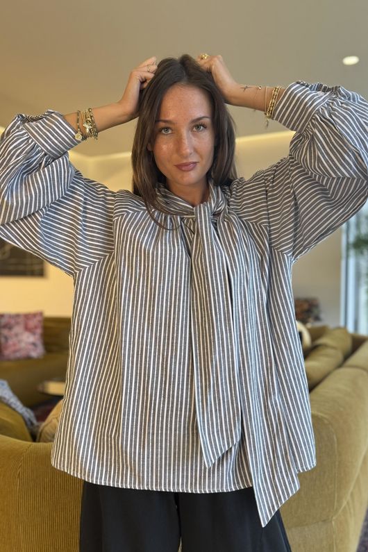 Nantucket Stripe Tie Neck Blouse Charcoal